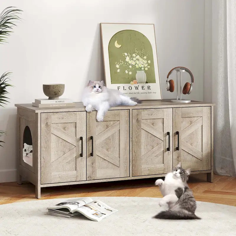 Meuble cache litière double pour 2 chats en bois