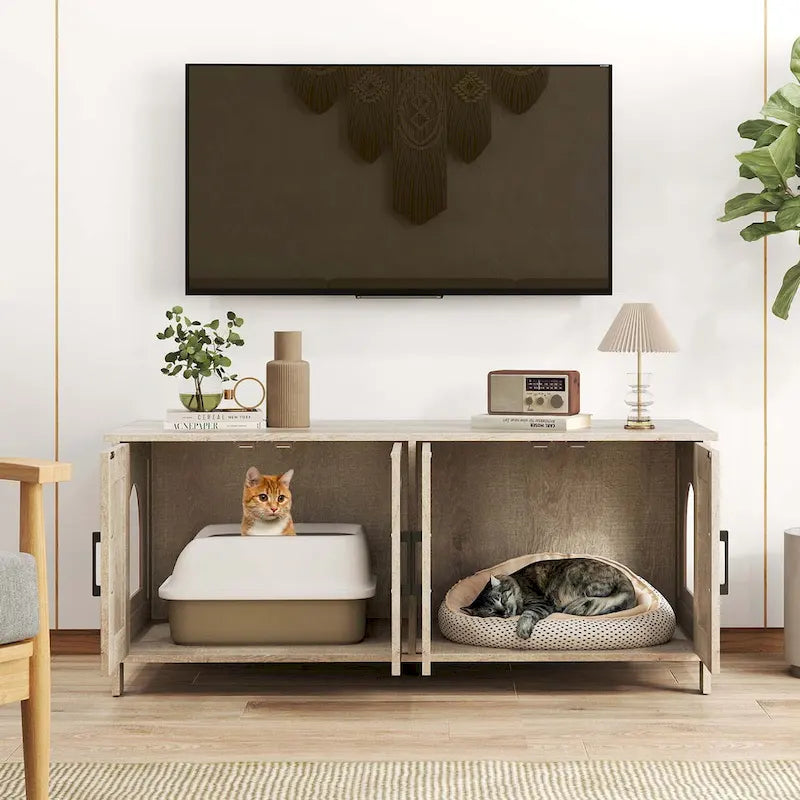 Meuble cache litière double pour 2 chats en bois