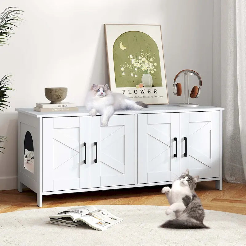 Meuble cache litière double pour 2 chats en bois