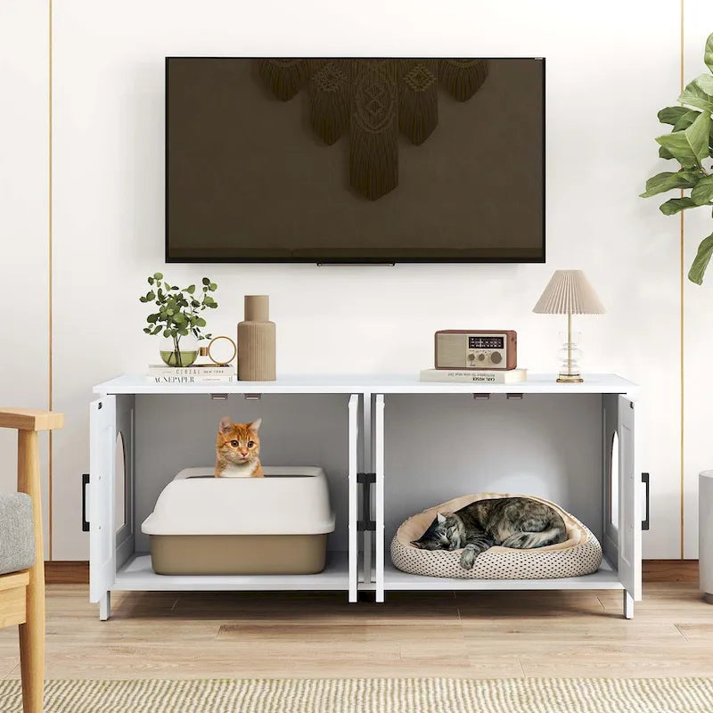 Meuble cache litière double pour 2 chats en bois