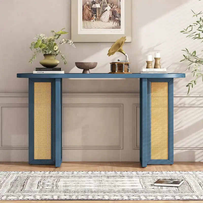 Console de table d'entrée en rotin de style rustique, bleu marine