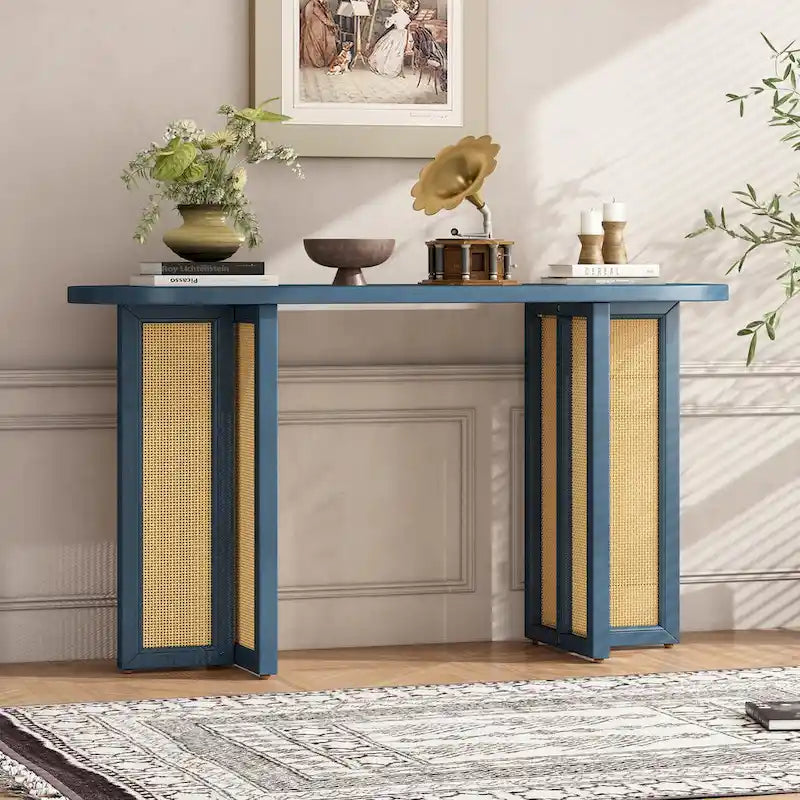 Console de table d'entrée en rotin de style rustique, bleu marine