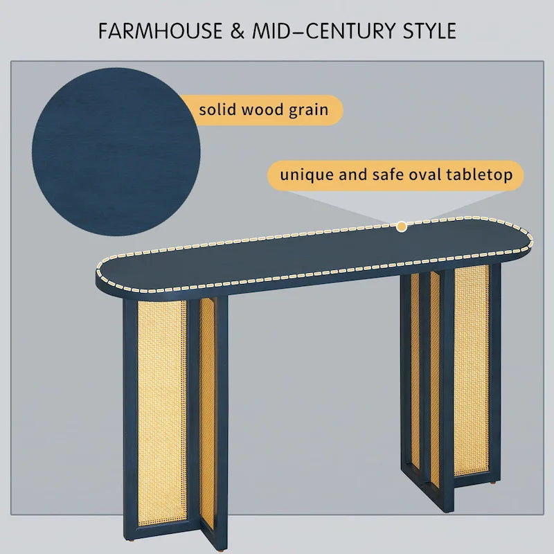 Console de table d'entrée en rotin de style rustique, bleu marine