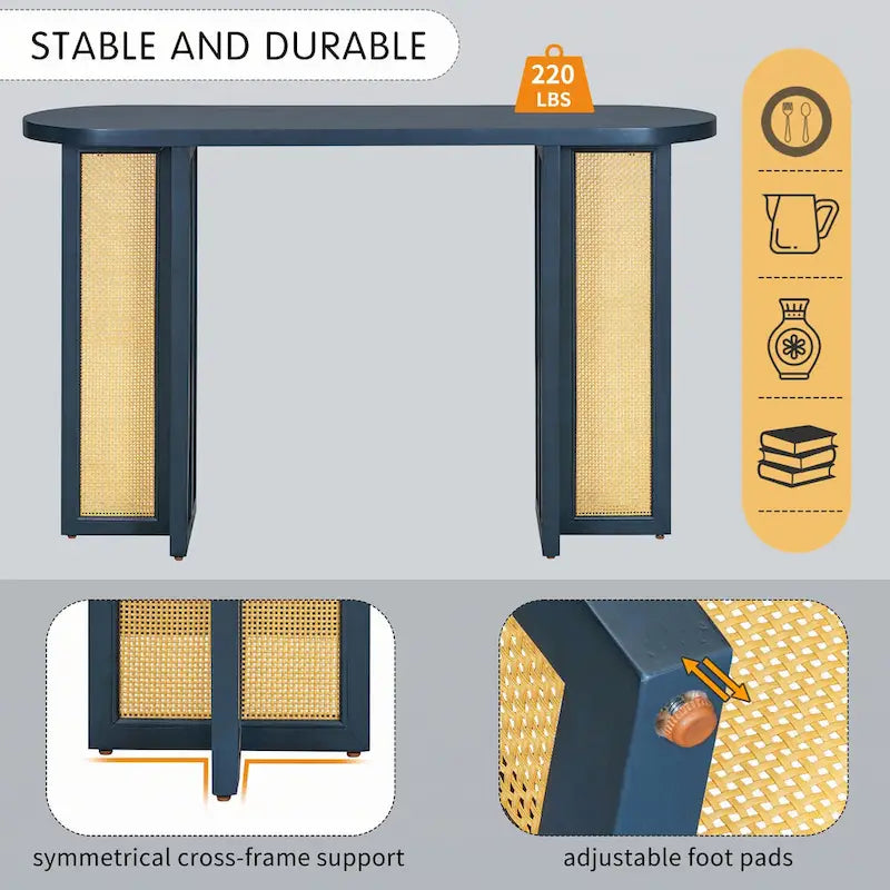 Console de table d'entrée en rotin de style rustique, bleu marine