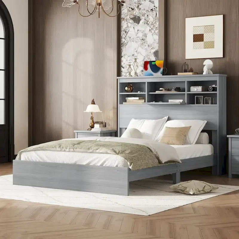 Lit plateforme vintage avec tête de lit de rangement et station de charge