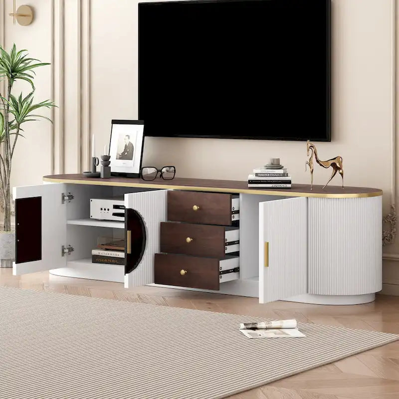 Meuble TV courbé au sol avec 3 tiroirs et 3 portes décoratives