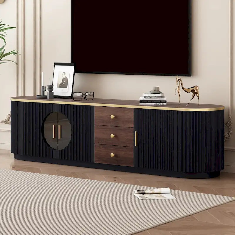 Meuble TV courbé au sol avec 3 tiroirs et 3 portes décoratives