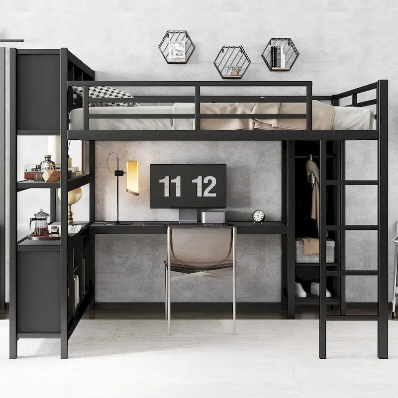 Lit mezzanine tout-en-un en métal avec bureau en L et armoire, pour chambres à coucher