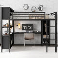Lit mezzanine tout-en-un en métal avec bureau en L et armoire, pour chambres à coucher