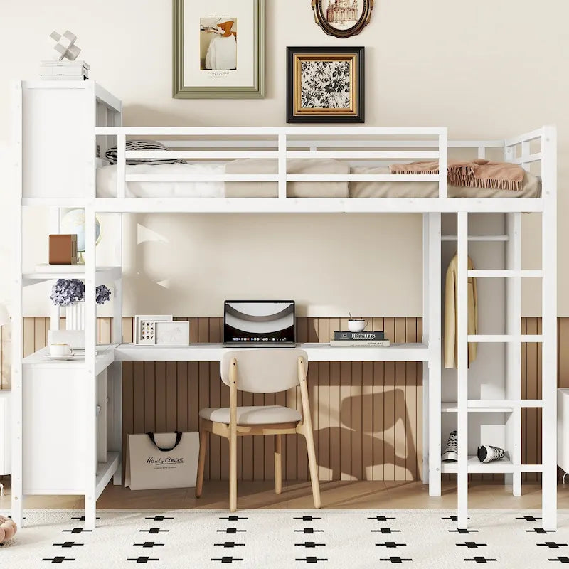 Lit mezzanine tout-en-un en métal avec bureau en L et armoire, pour chambres à coucher