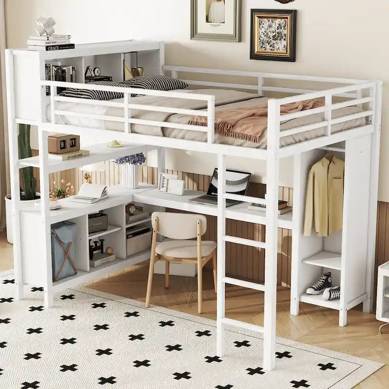 Lit mezzanine tout-en-un en métal avec bureau en L et armoire, pour chambres à coucher