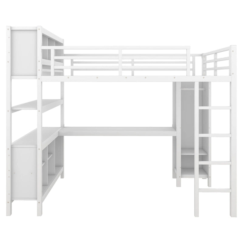 Lit mezzanine tout-en-un en métal avec bureau en L et armoire, pour chambres à coucher