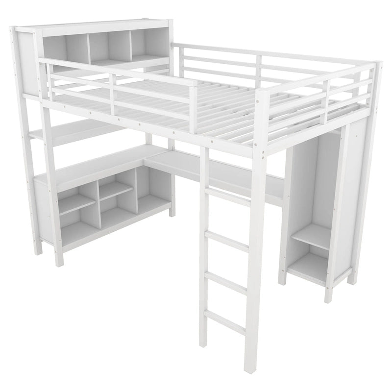 Lit mezzanine tout-en-un en métal avec bureau en L et armoire, pour chambres à coucher