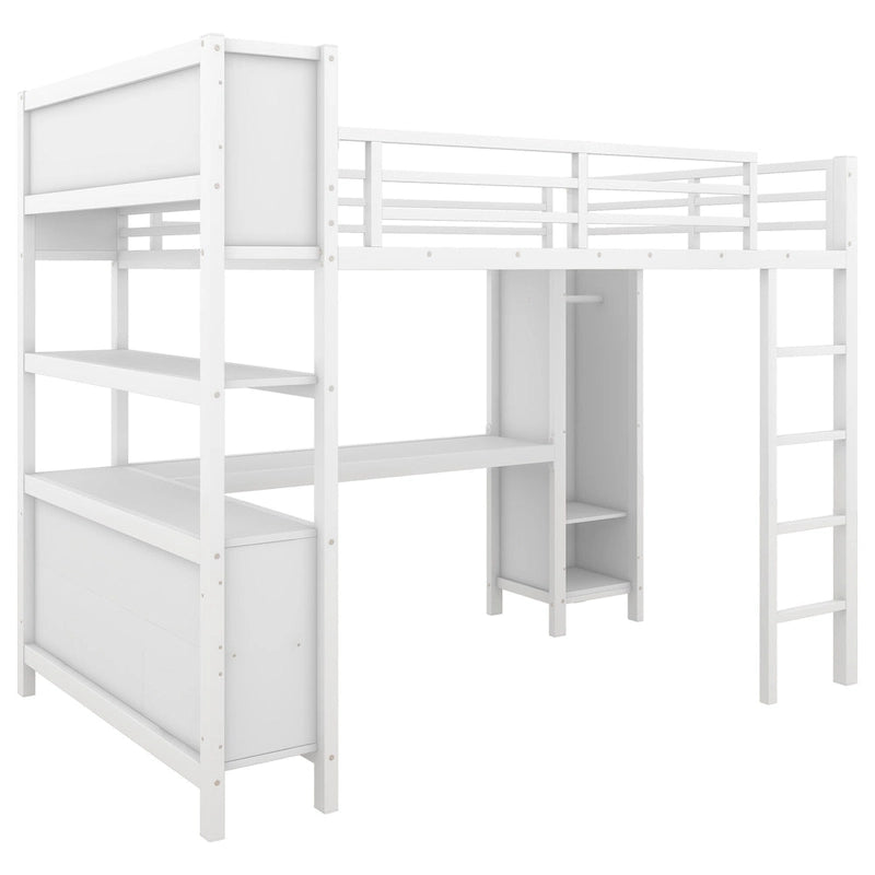Lit mezzanine tout-en-un en métal avec bureau en L et armoire, pour chambres à coucher