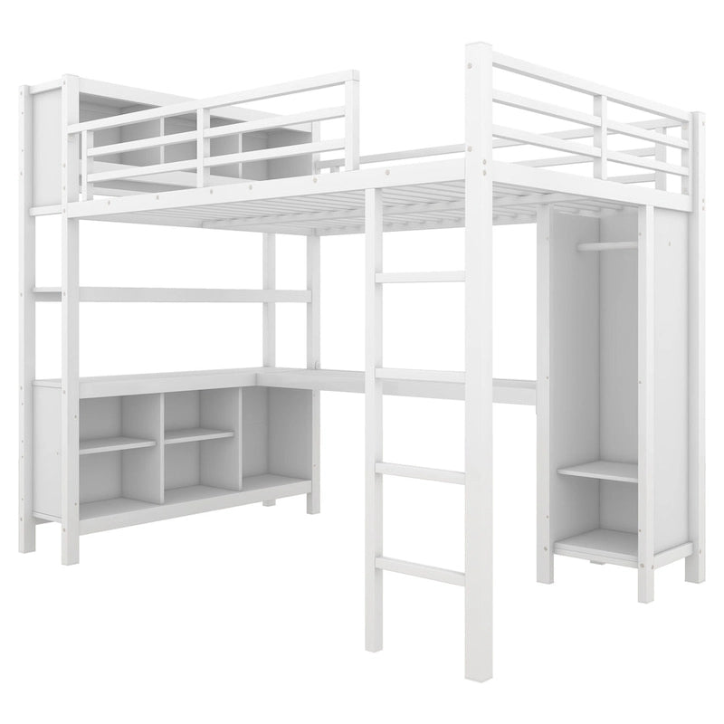 Lit mezzanine tout-en-un en métal avec bureau en L et armoire, pour chambres à coucher