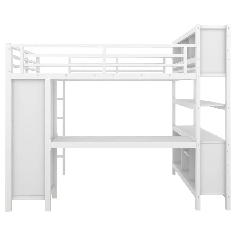Lit mezzanine tout-en-un en métal avec bureau en L et armoire, pour chambres à coucher