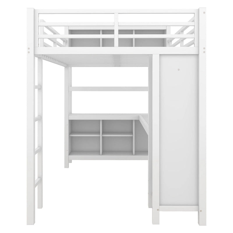 Lit mezzanine tout-en-un en métal avec bureau en L et armoire, pour chambres à coucher