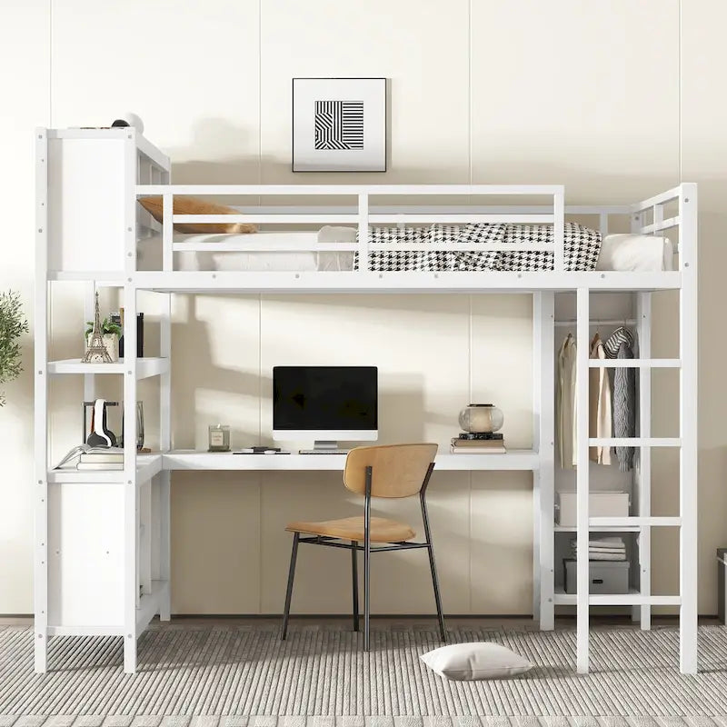 Lit mezzanine tout-en-un en métal avec bureau en L et armoire, pour chambres à coucher