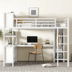 Lit mezzanine tout-en-un en métal avec bureau en L et armoire, pour chambres à coucher