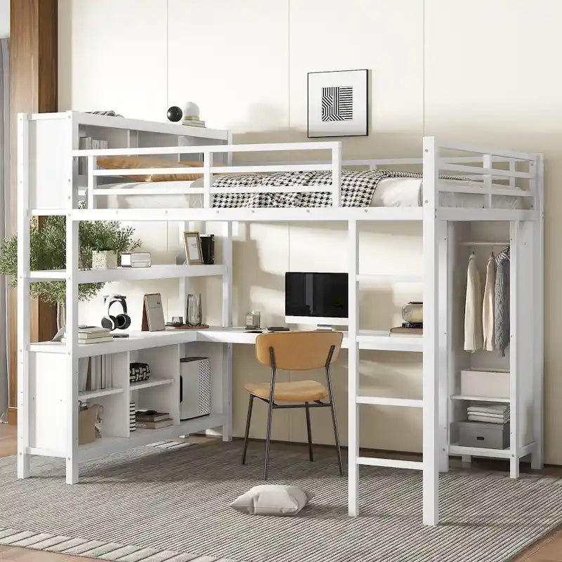 Lit mezzanine tout-en-un en métal avec bureau en L et armoire, pour chambres à coucher