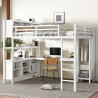 Lit mezzanine tout-en-un en métal avec bureau en L et armoire, pour chambres à coucher