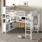 Lit mezzanine tout-en-un en métal avec bureau en L et armoire, pour chambres à coucher
