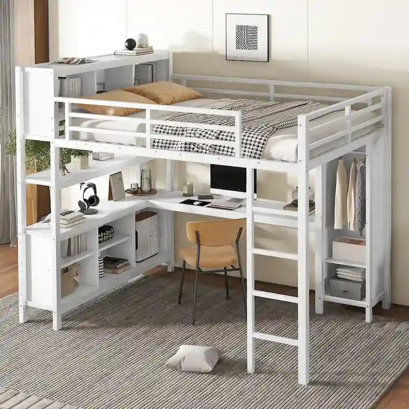 Lit mezzanine tout-en-un en métal avec bureau en L et armoire, pour chambres à coucher