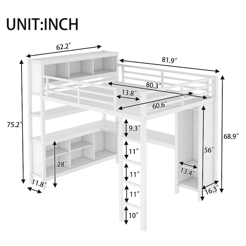 Lit mezzanine tout-en-un en métal avec bureau en L et armoire, pour chambres à coucher