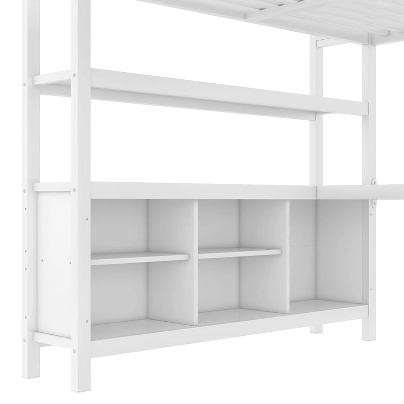 Lit mezzanine tout-en-un en métal avec bureau en L et armoire, pour chambres à coucher