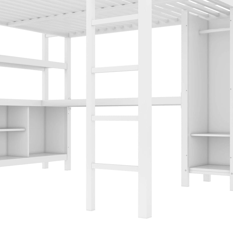 Lit mezzanine tout-en-un en métal avec bureau en L et armoire, pour chambres à coucher