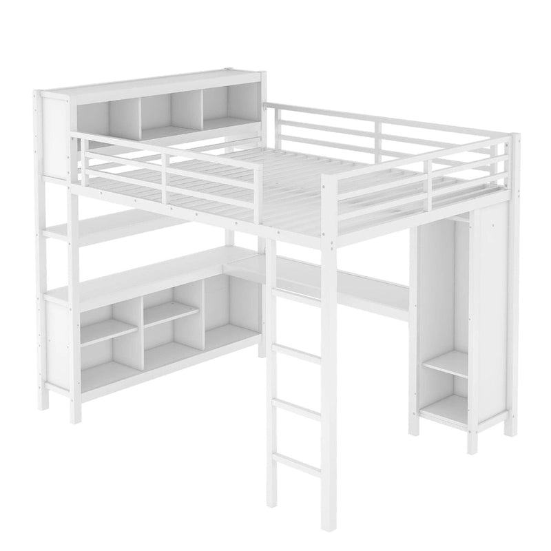 Lit mezzanine tout-en-un en métal avec bureau en L et armoire, pour chambres à coucher