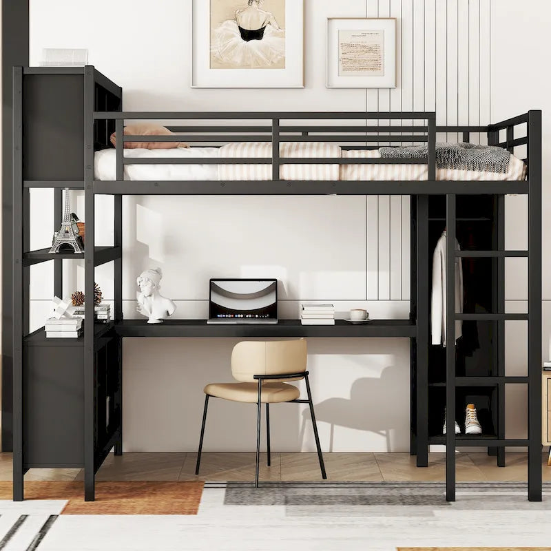 Lit mezzanine tout-en-un en métal avec bureau en L et armoire, pour chambres à coucher