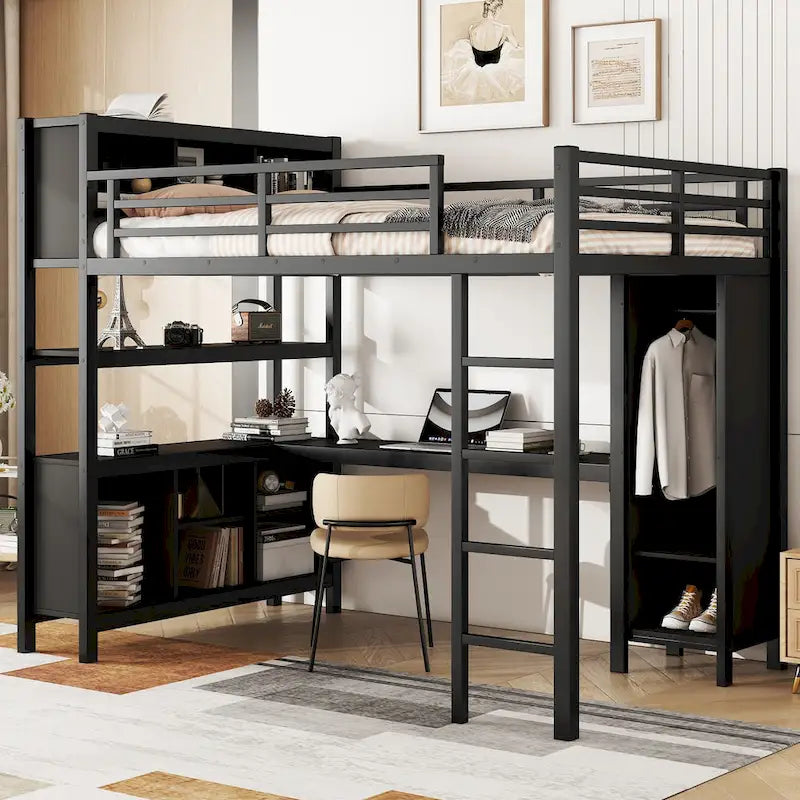 Lit mezzanine tout-en-un en métal avec bureau en L et armoire, pour chambres à coucher