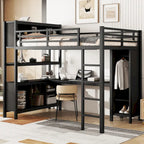 Lit mezzanine tout-en-un en métal avec bureau en L et armoire, pour chambres à coucher