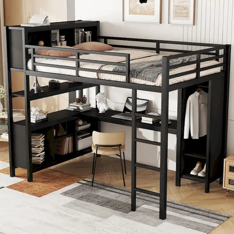 Lit mezzanine tout-en-un en métal avec bureau en L et armoire, pour chambres à coucher