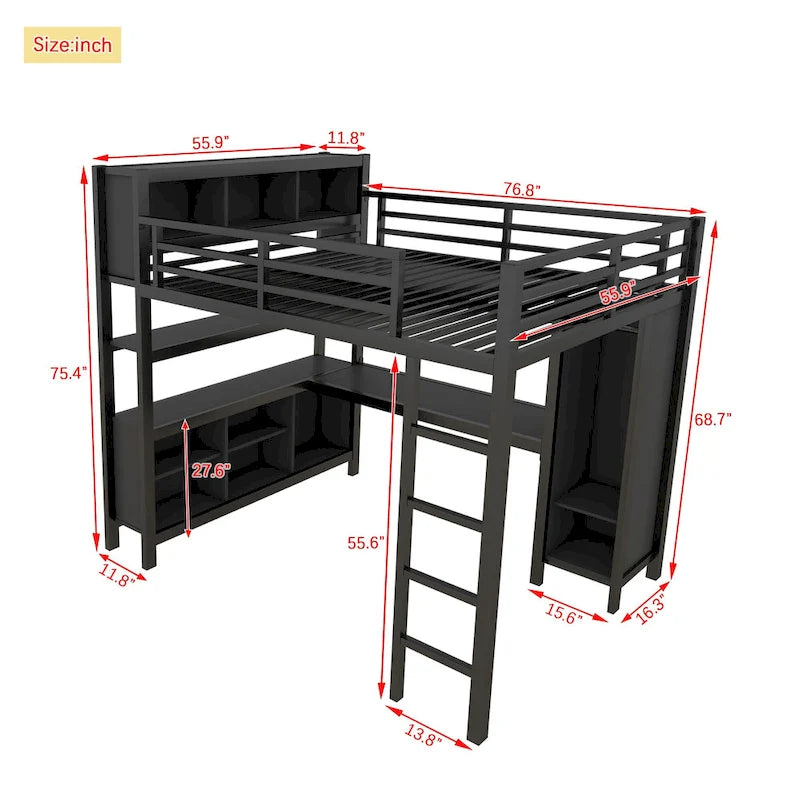 Lit mezzanine tout-en-un en métal avec bureau en L et armoire, pour chambres à coucher