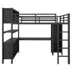 Lit mezzanine tout-en-un en métal avec bureau en L et armoire, pour chambres à coucher
