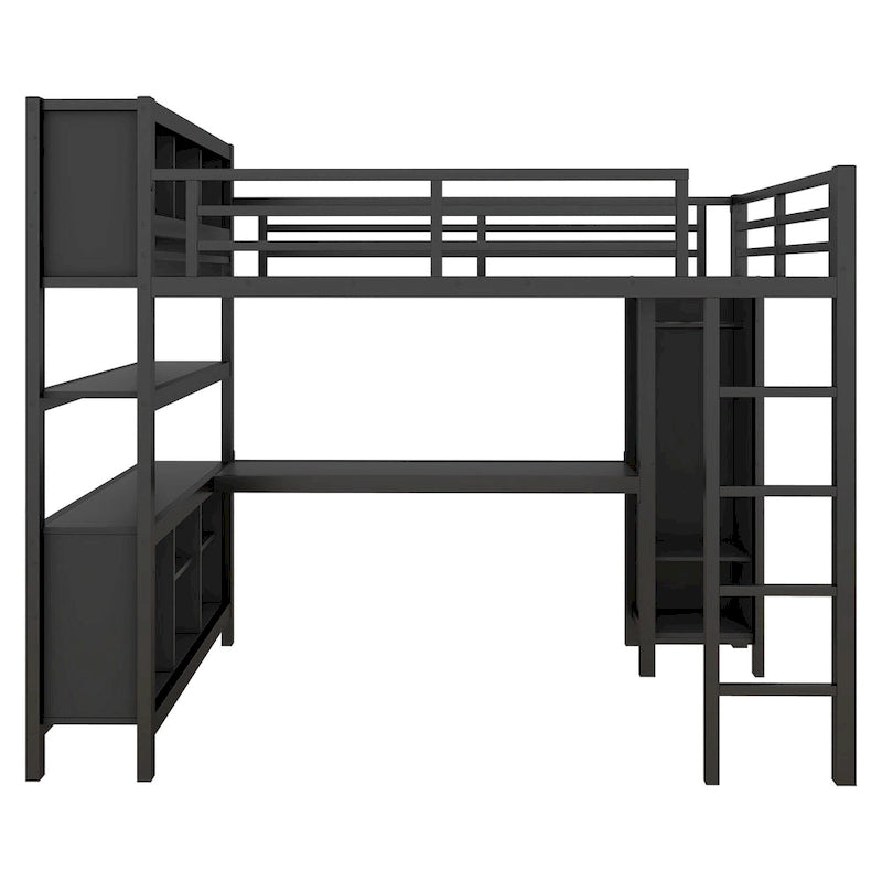 Lit mezzanine tout-en-un en métal avec bureau en L et armoire, pour chambres à coucher