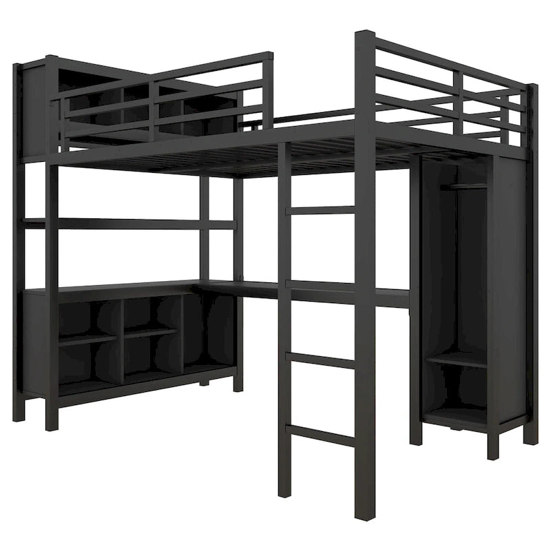 Lit mezzanine tout-en-un en métal avec bureau en L et armoire, pour chambres à coucher