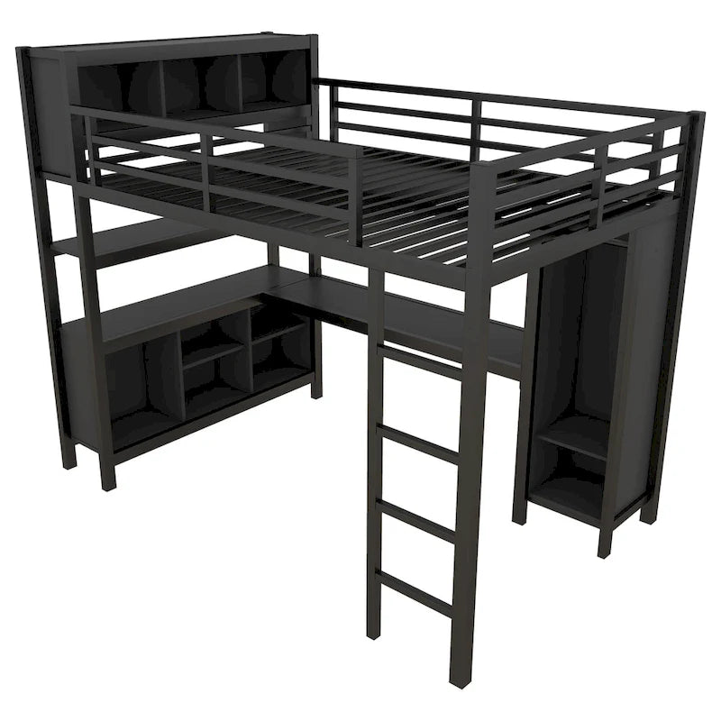 Lit mezzanine tout-en-un en métal avec bureau en L et armoire, pour chambres à coucher