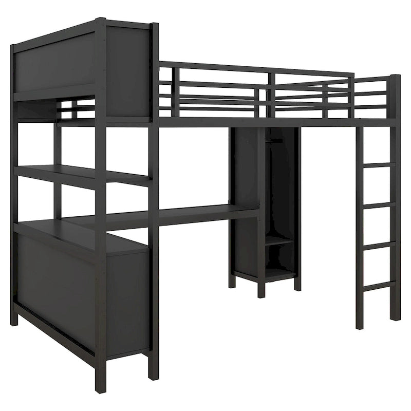 Lit mezzanine tout-en-un en métal avec bureau en L et armoire, pour chambres à coucher