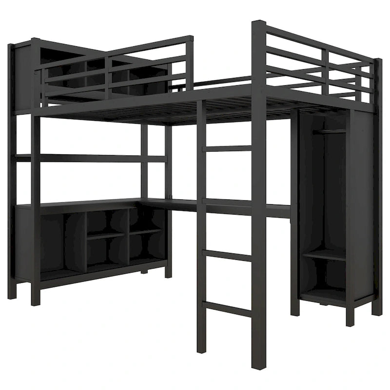 Lit mezzanine tout-en-un en métal avec bureau en L et armoire, pour chambres à coucher