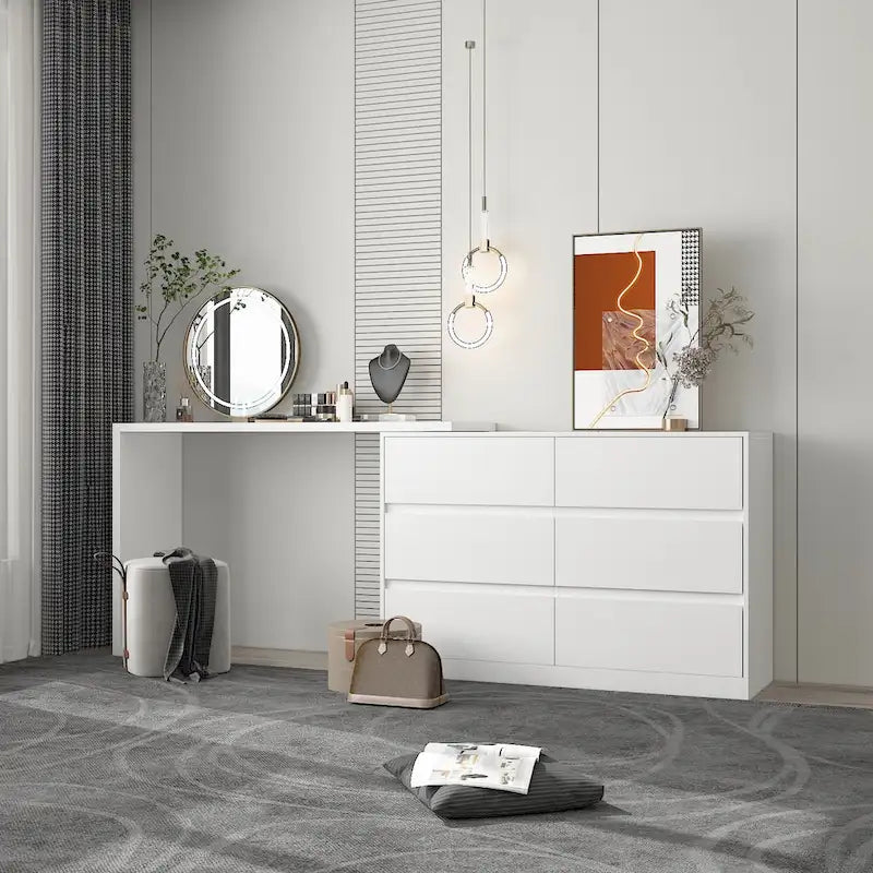 Timechee Home Rotating Dresser and Desk 6 Drawer Dresser Vanity Makeup