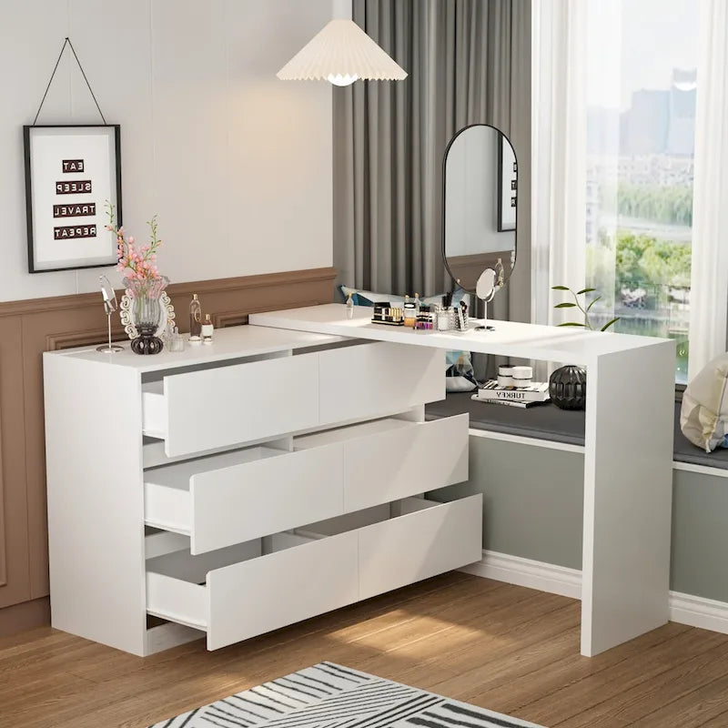 Coiffeuse et bureau rotatifs à domicile Commode à 6 tiroirs Meuble de maquillage