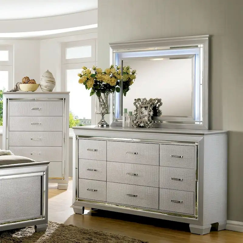 Commode et miroir contemporains en bois à 9 tiroirs, 2 pièces