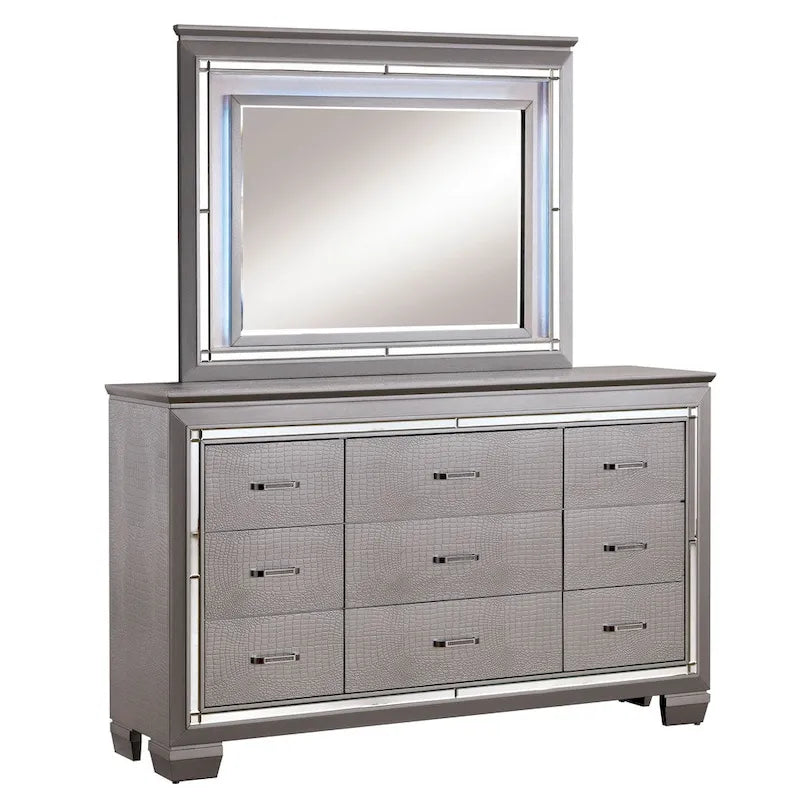 Commode et miroir contemporains en bois à 9 tiroirs, 2 pièces