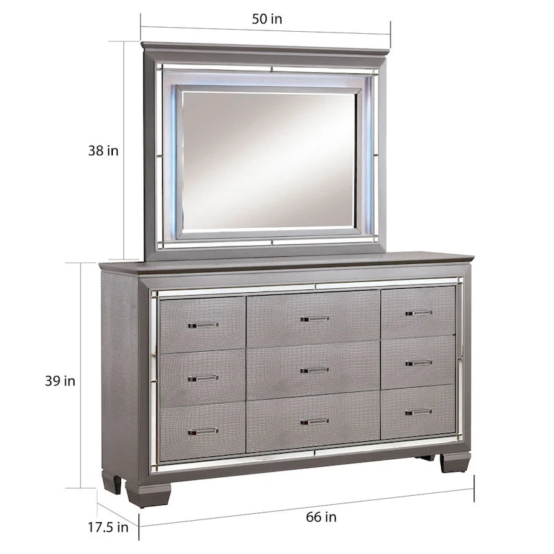 Commode et miroir contemporains en bois à 9 tiroirs, 2 pièces