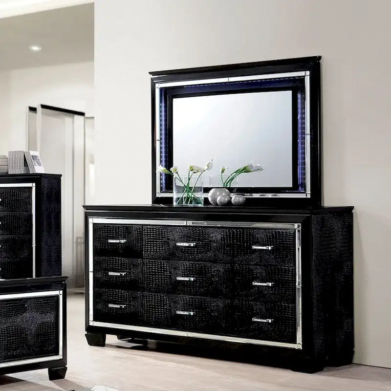 Commode et miroir contemporains en bois à 9 tiroirs, 2 pièces