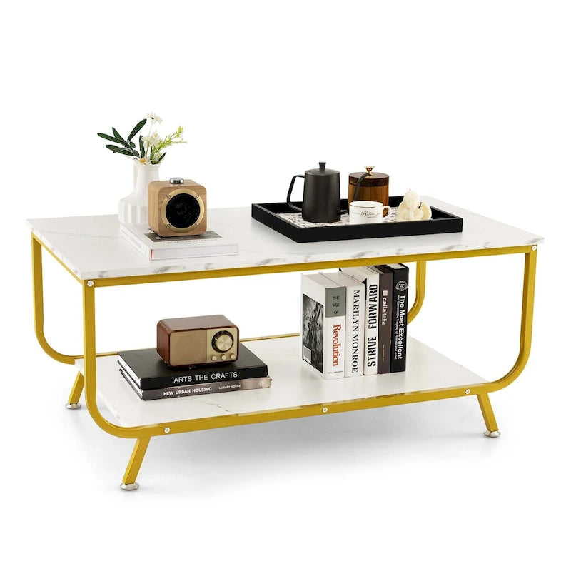 Table basse moderne à 2 niveaux en marbre avec rangement