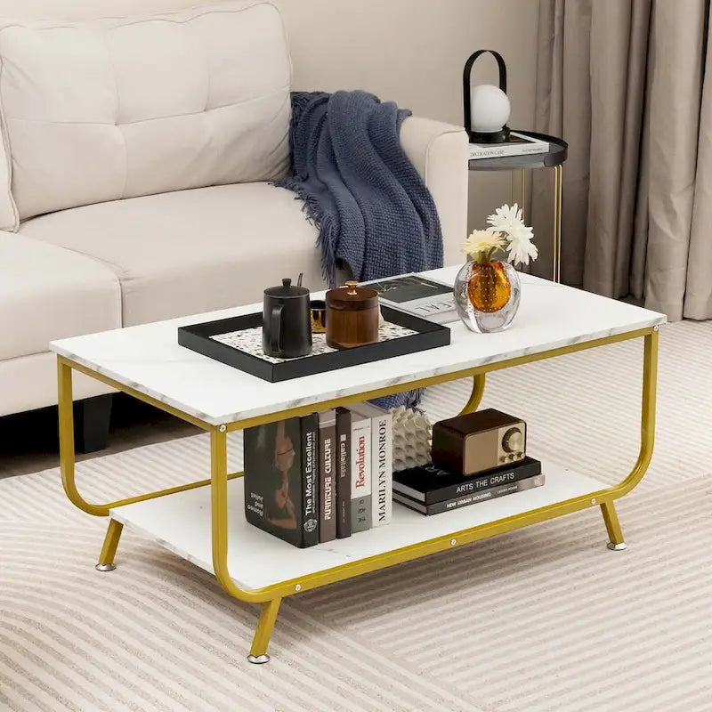 Table basse moderne à 2 niveaux en marbre avec rangement